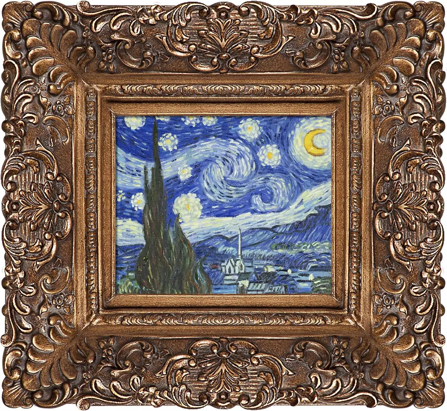 overstockArt La Pastiche Starry Night by Vincent Van Gogh with Gold Burgeon Frame Oil Painting Wall Art, 19.5  x 17.5  — Wall Art