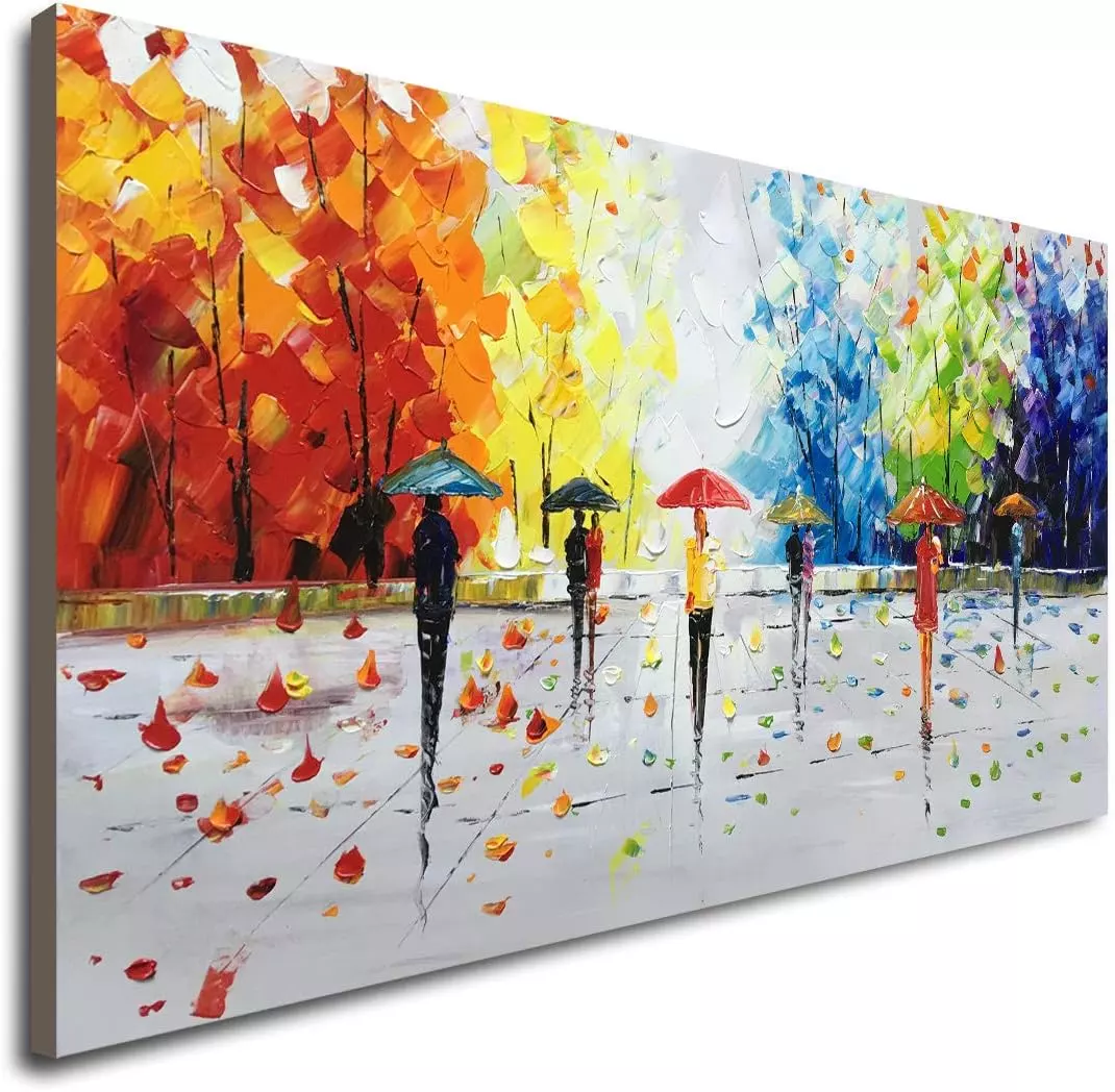 100% Hand-painted Abstract Landscape Wall Art People Walking Modern Oil Painting — Wall Art