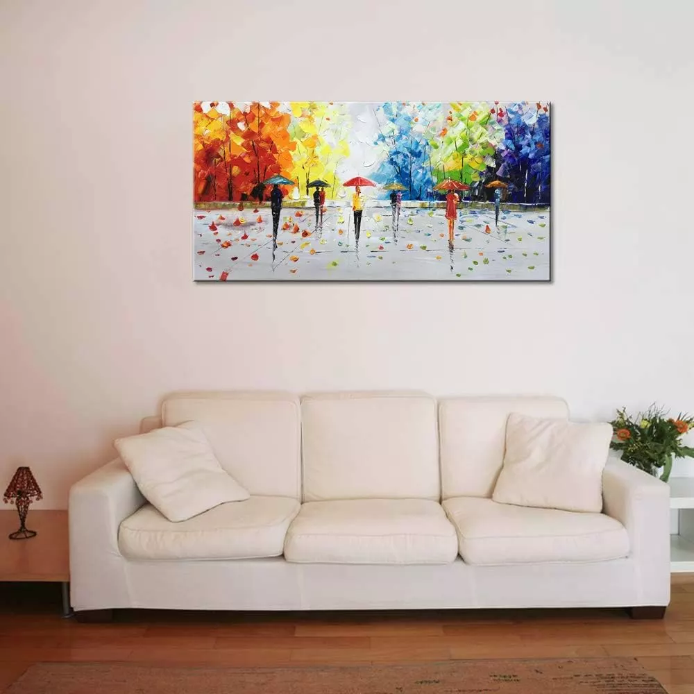 100% Hand-painted Abstract Landscape Wall Art People Walking Modern Oil Painting — Wall Art