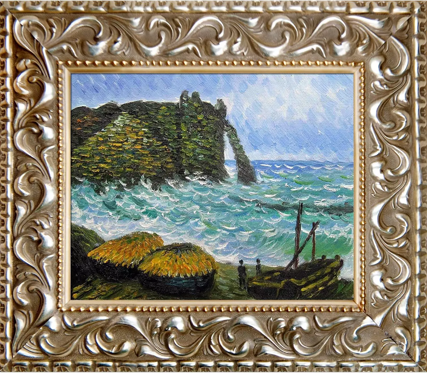 La Pastiche Rough Sea at Etretat with Rococo Silver Framed Oil Painting, 15.5  x 13.5 , Multi-Color — Wall Art