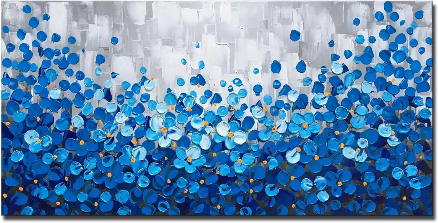 Large Textured Blue Flowers Canvas Wall Art Hand Painted Modern Decoration Oil Painting Picture unFramed Ready to Hang 60x30inch — Wall Art