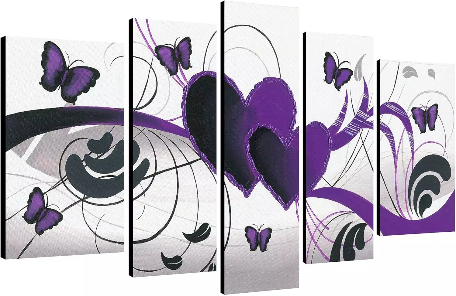 Wieco Art Purple Love Butterfly 5 Panels Modern 100% Hand Painted Stretched and Framed Abstract Romance Artwork Oil Paintings on Canvas Wall Art Ready to Hang for Home Decor 5pcs/set — Wall Art