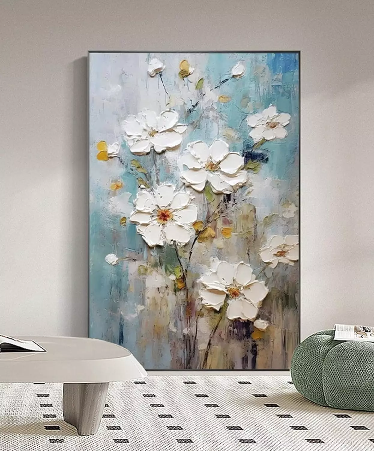 Hand-Painted White Flowers Oil Painting On Canvas for Living Room-Black Framed Floral Canvas Wall Art for Office-Large Modern Artwork Framed Ready to Hang for Home Decoration 32x48 inches — Wall Art