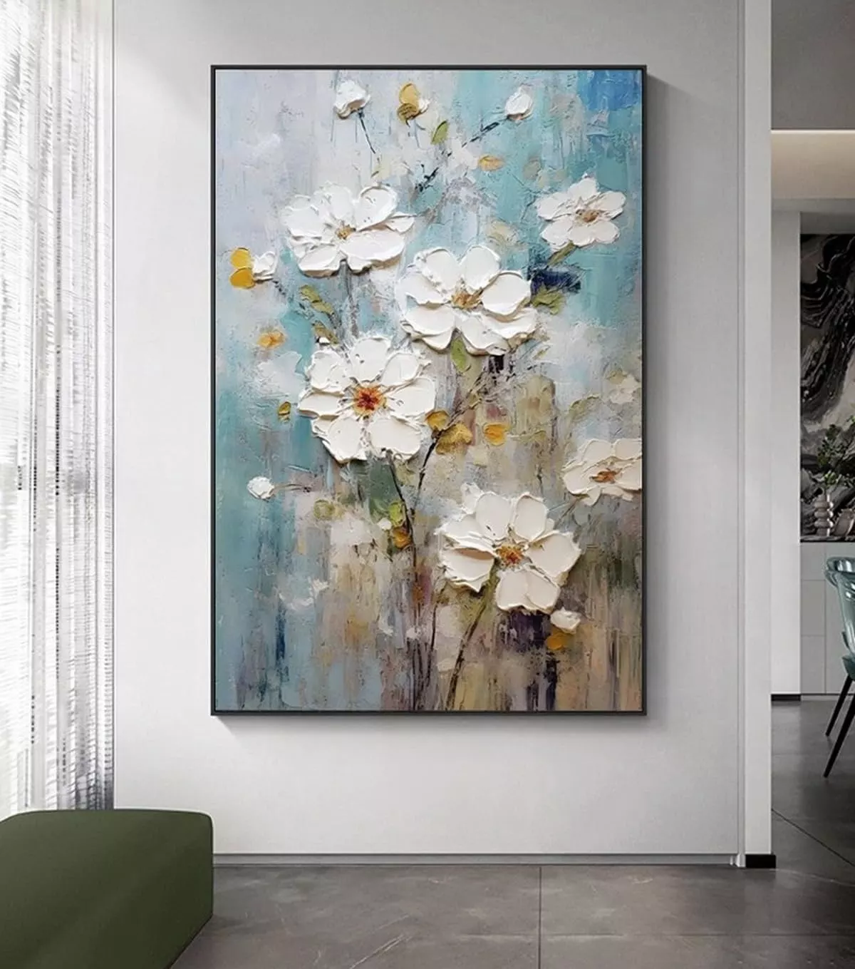 Hand-Painted White Flowers Oil Painting On Canvas for Living Room-Black Framed Floral Canvas Wall Art for Office-Large Modern Artwork Framed Ready to Hang for Home Decoration 32x48 inches — Wall Art