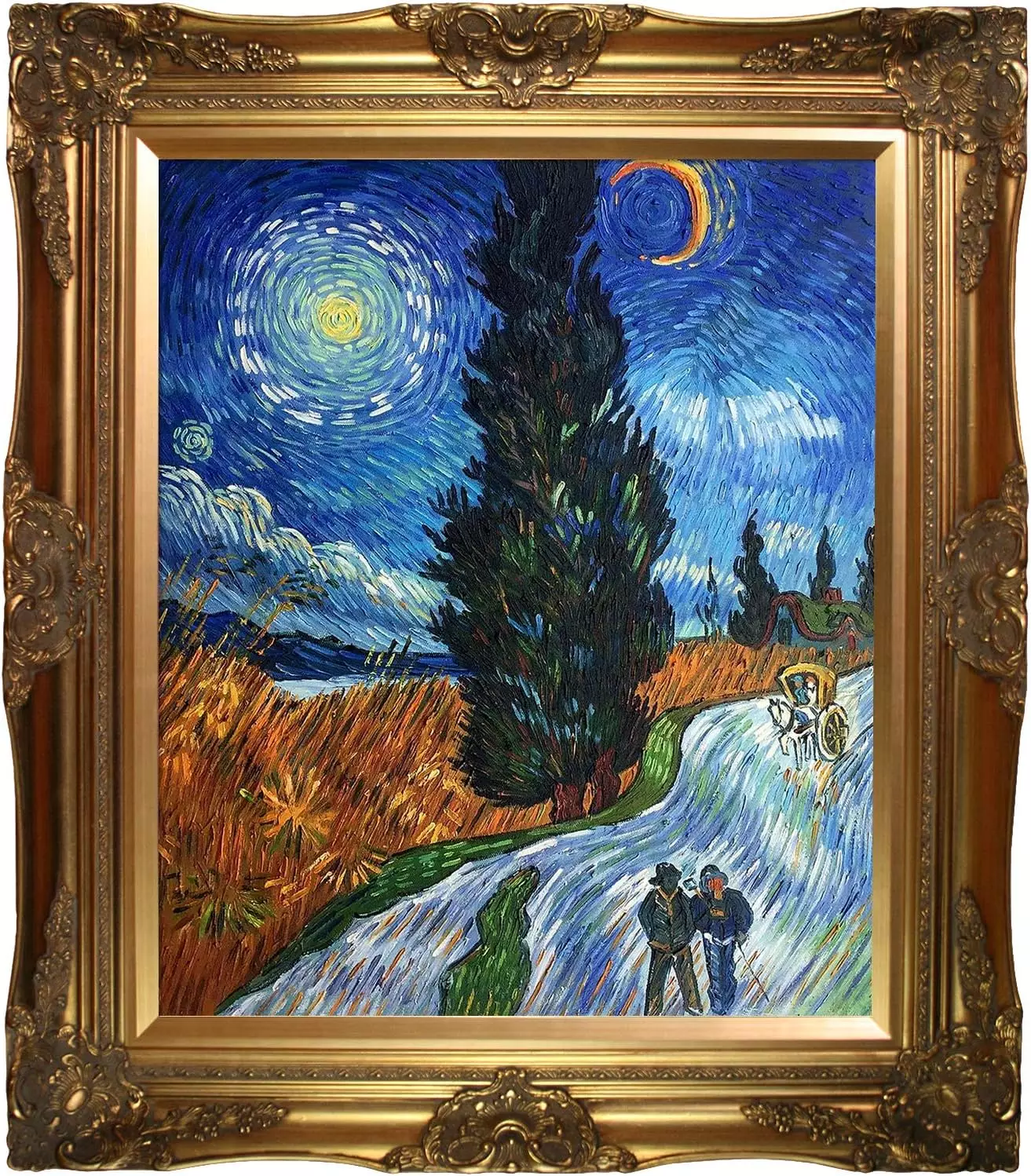 overstockArt Road Oil Painting with Cypress and Star with Victorian Gold Frame by Van Gogh, Gold Finish, 32 in x 28 in — Wall Art