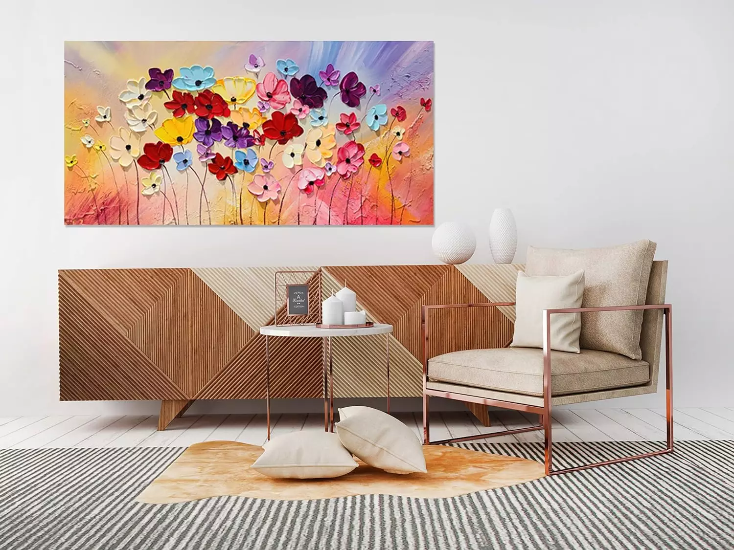 SYGALLERIER Colorful Floral Canvas Wall Art Hand Painted 3D Flower Artwork Frameds Modern Abstract Landscape Painting Textured Flower Pictures for Living Room Bedroom Bathroom Decor — Wall Art