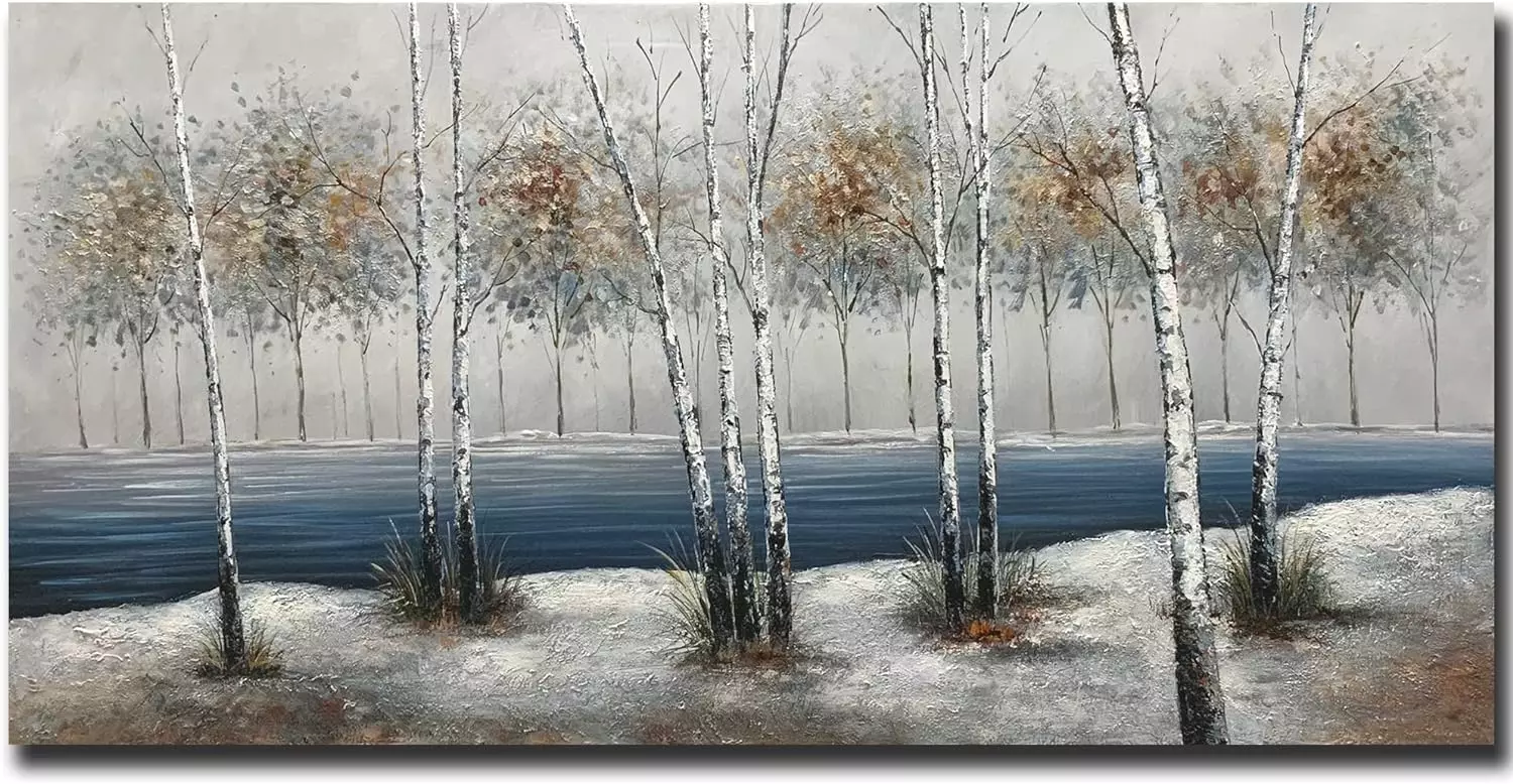 ART8YUQI Paintings - White Birch Forest Canvas Painting Farmhouse Wall Art Blue Lake Landscape Framed Artwork Ready to Hang 24x48 Inch — Wall Art