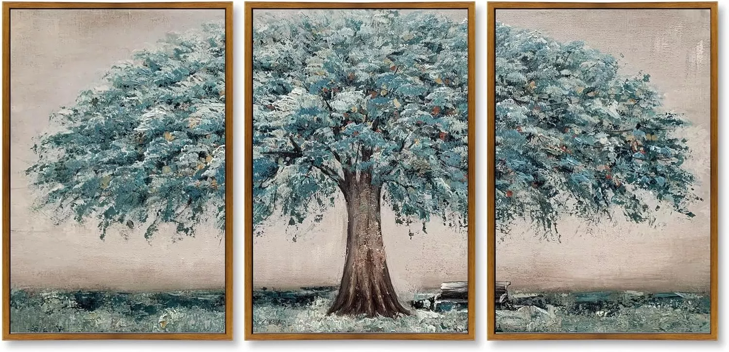 Hand Painted Blue Tree Oil Painting on Canvas Framed Modern Landscape Wall Art for Living room Bedroom Decor — Wall Art