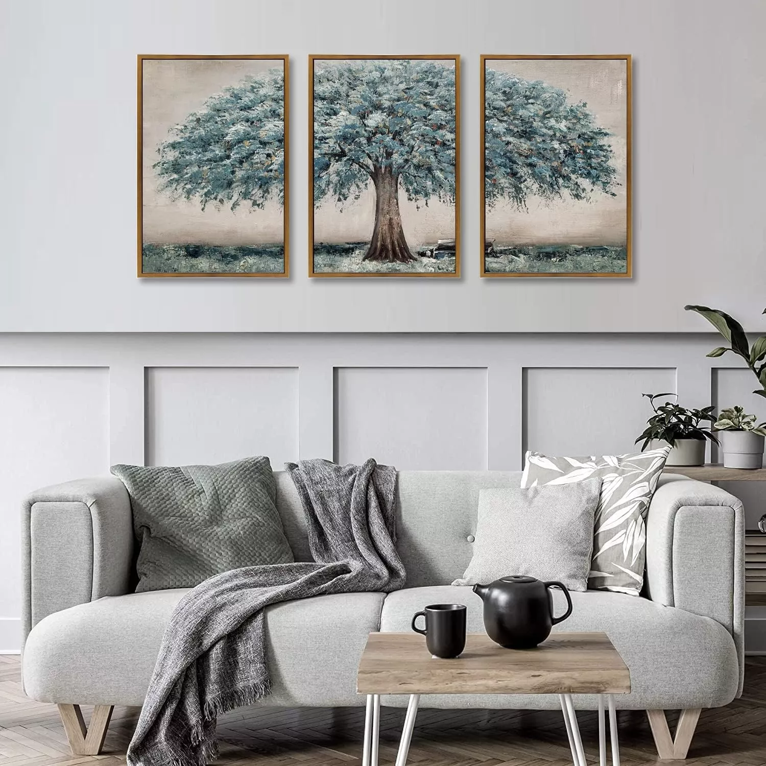 Hand Painted Blue Tree Oil Painting on Canvas Framed Modern Landscape Wall Art for Living room Bedroom Decor — Wall Art