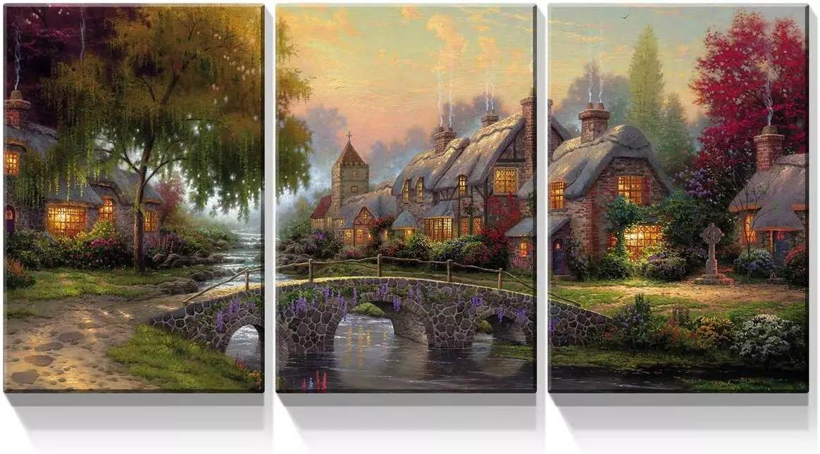 Denozer - 3 Panels Canvas Wall Art Thomas Kinkade Garden Landscape Oil Painting for Home Decor Stretched and Framed Ready to Hang - 24 x32 x3 Panels Wall Decor — Wall Art