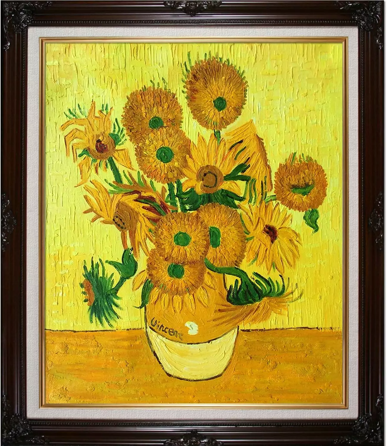 overstockArt Vase with Fifteen Sunflowers with Vintage Cherry Framed Oil Painting, 30  x 26 , Multi-Color — Wall Art