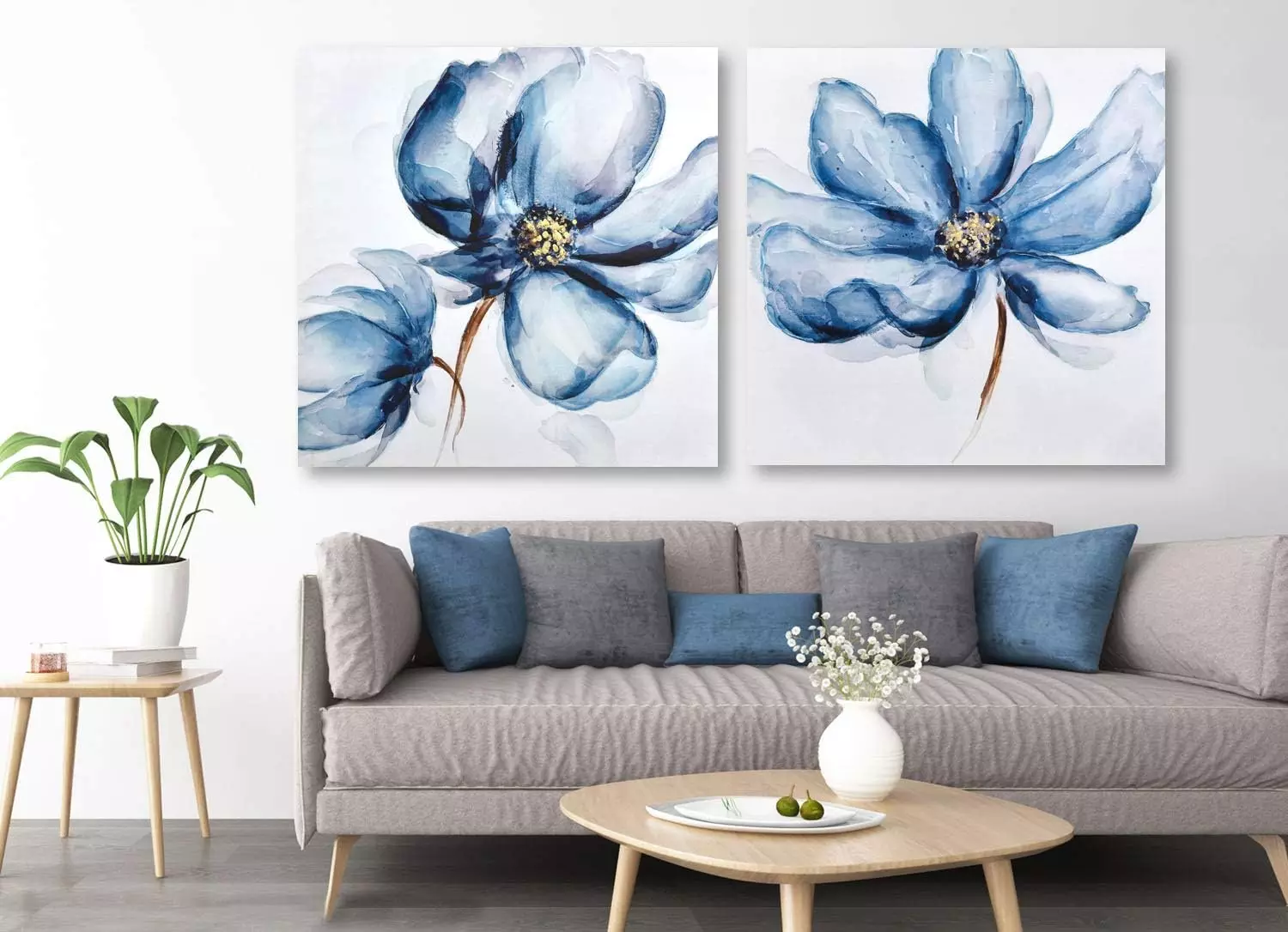 Framed Canvas Wall Art for Home Decoration, 2 Panels Navy Blue Poppies Oil Paintings, Hand Painted Modern Floral Pictures for Living Room Bedroom Stretched Ready to Hang 56x28Inch — Wall Art