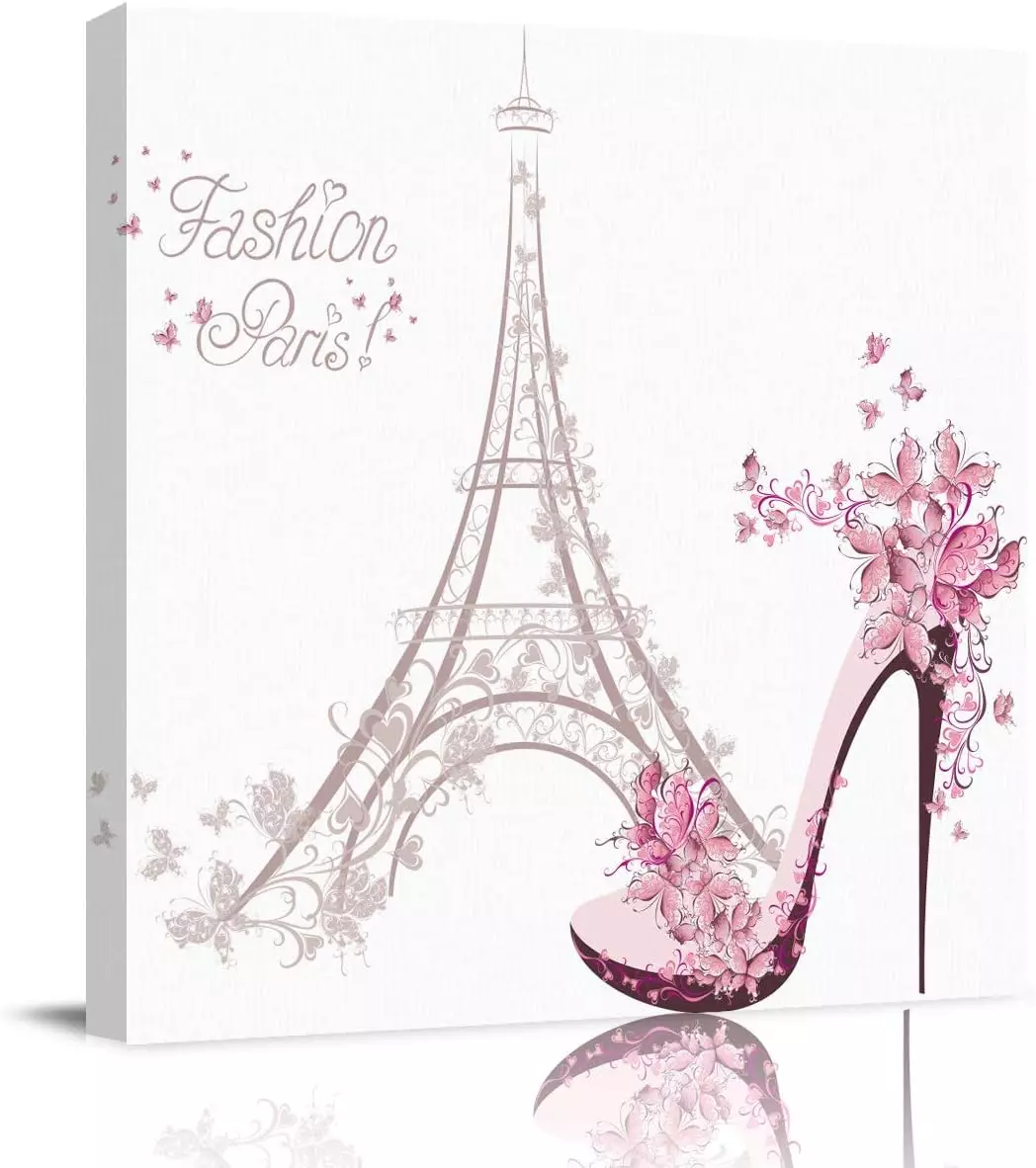 Square Canvas Wall Art Decor, Pink Paris Eiffel Tower Elegent High Heels Oil Painting Prints on Canvas Wall Decoration for Living Room Bedroom,Stretched and Frame,Ready to Hang-16x16in — Wall Art