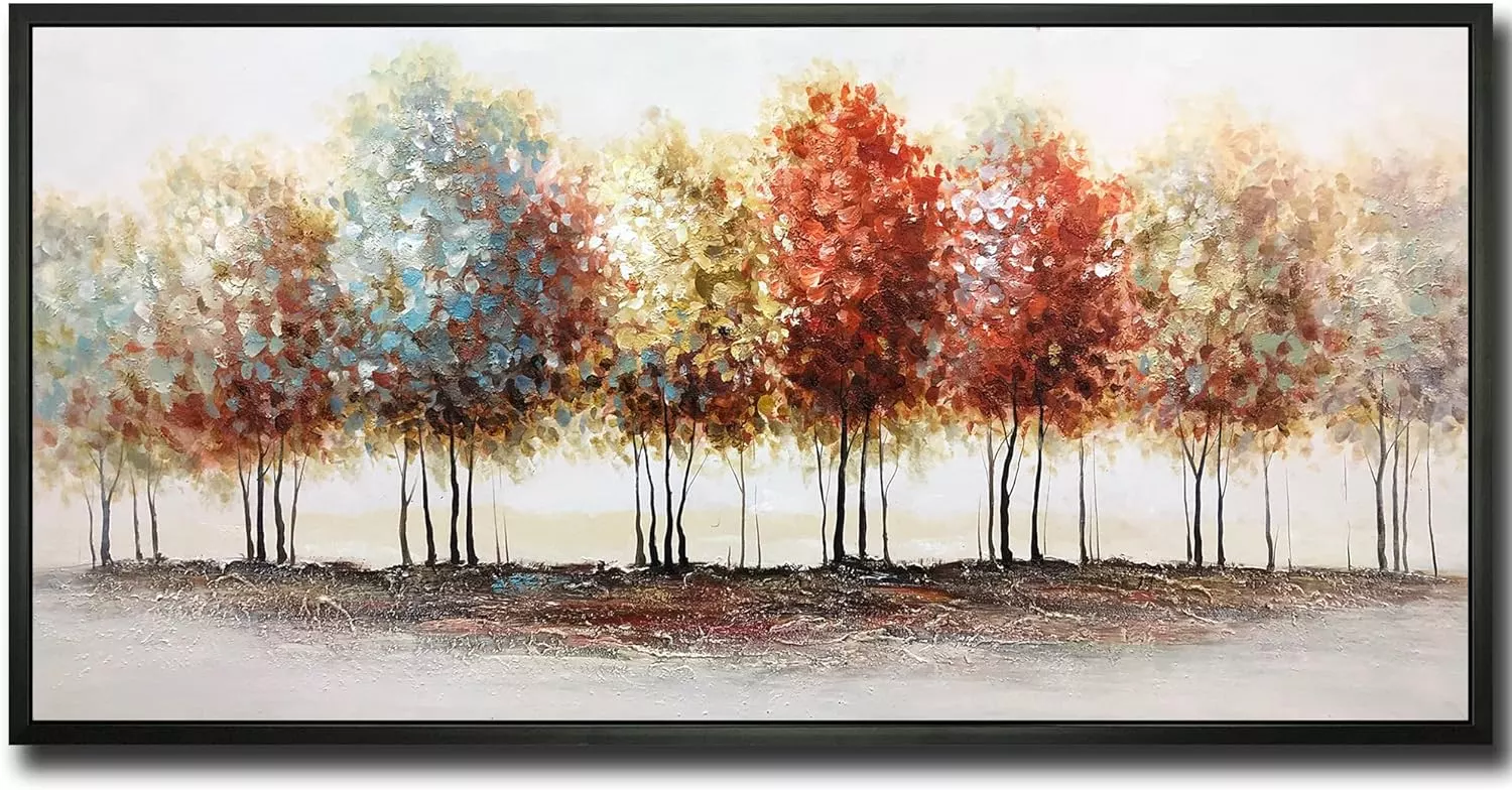 Tiancheng Art, 24x48 Inch Modern Abstract Painting Oil Hand Paintings Tree 3D Hand-Painted On Canvas Acrylic Frame Wall Art Colorful Forest Box Table Hanging Wall Decoration — Wall Art