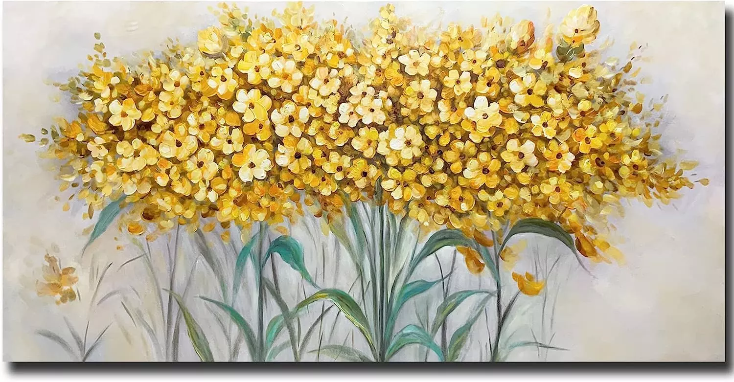 ART8YUQI Paintings - 3D Wall Art Abstract Wall Decor Yellow Flowers Canvas Oil Paintingsfor Living Room Bedroom Gallery Wrapped Ready to Hang 24x48 Inch — Wall Art