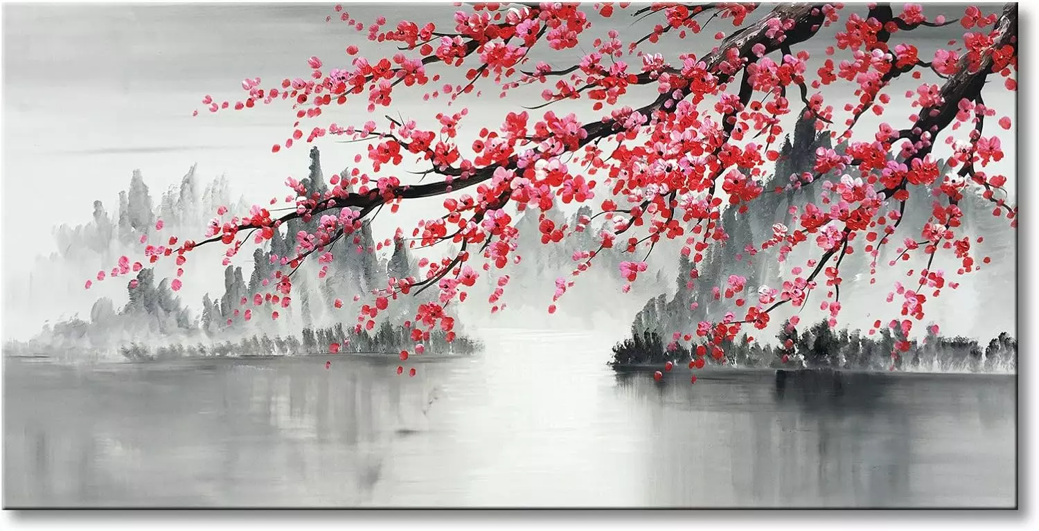 Large Traditional Chinese Painting Hand Painted Plum Blossom Canvas Wall Art Modern Black and White Landscape Oil Painting for Living Room 60 x 30 inch — Wall Art