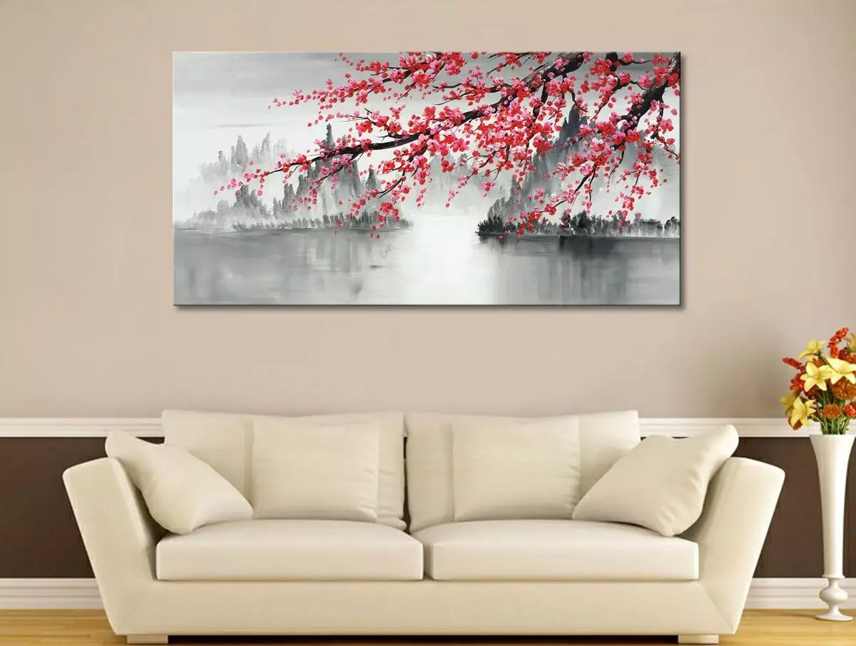 Large Traditional Chinese Painting Hand Painted Plum Blossom Canvas Wall Art Modern Black and White Landscape Oil Painting for Living Room 60 x 30 inch — Wall Art