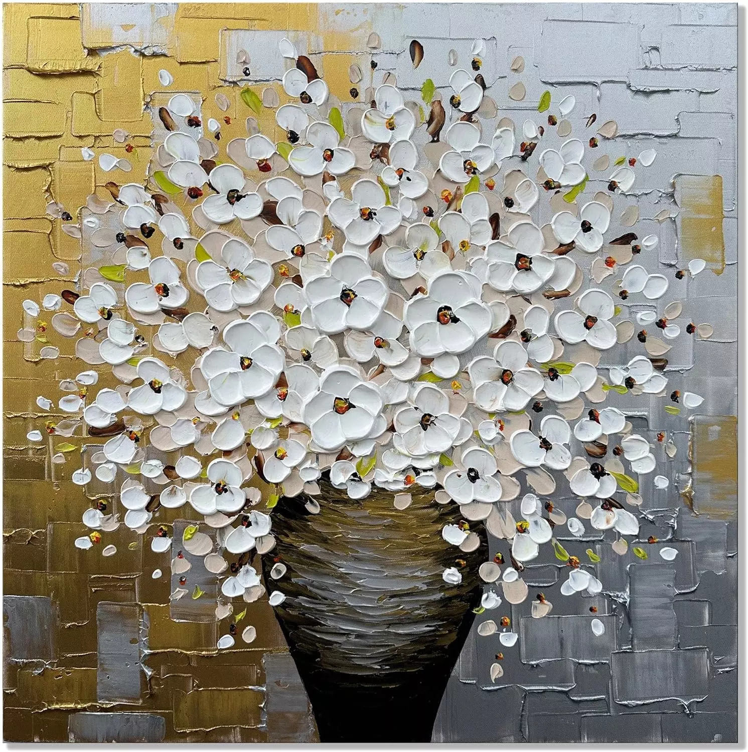 Alenoss Hand Painted 3D Modern Oil Paintings on Canvas Flower Canvas Wall Art Metal Textured Acrylic Painting Floral Artwork Contemporary Art Wall Decor 24x24 Inches — Wall Art