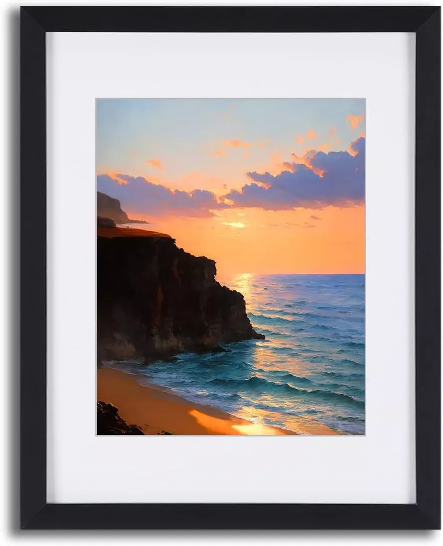 Ocean Wall Art Canvas Print Decoration Artwork Sunset Over the Ocean with Cliff Home Decor Black Frame Easy to Hang for Living Room Bedroom and Office Home Kitchen Artwork — Wall Art