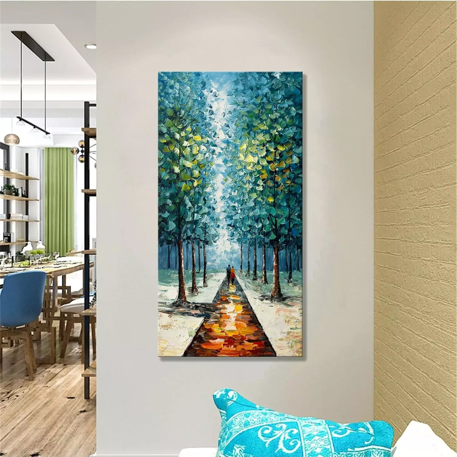 Alenoss Hand Painted 3D Abstract Oil Paintings on Canvas 24x48 Inches Large Modern Forest Landscape Vertical Blue Canvas Wall Art Framed Artwork for Living room Bedroom Tree Art Decor — Wall Art