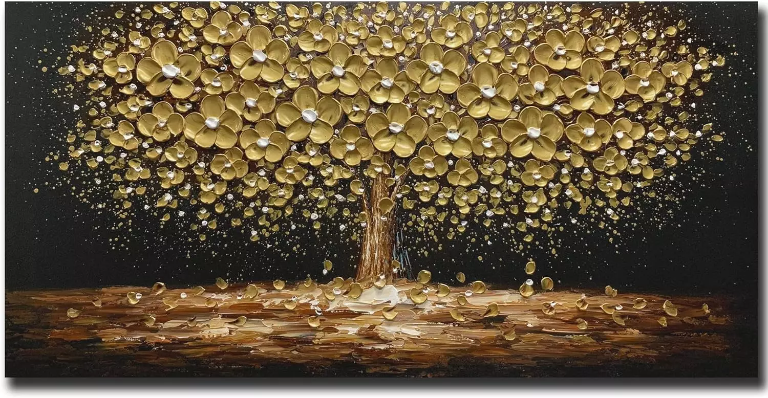 Art8YuQi Paintings - Contemporary Abstract Art Oil Painting On Canvas Texture 3D Golden Tree Gary Painting Handmade Artwork Picture Canvas Wall Art Modern Home Decor living room Ready to Hang — Wall Art