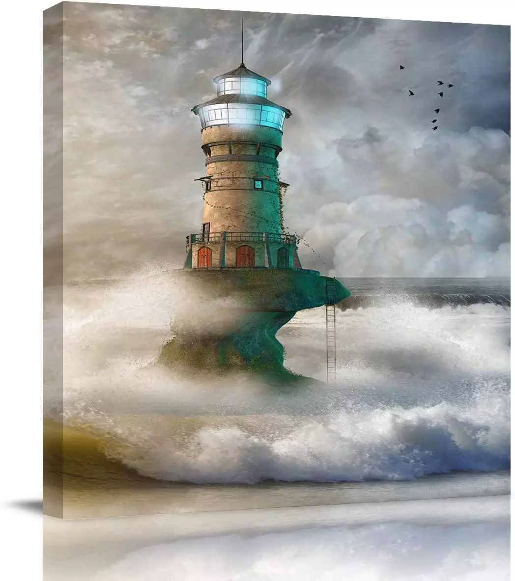 EZON-CH Square Wall Art Canvas Oil Painting, Lighthouse in Roaring Ocean Wave Office Artworks for Bedroom Living Room Bathroom Home Decor, Stretched and Wooden Framed Ready to Hang, 24x24 Inch — Wall Art