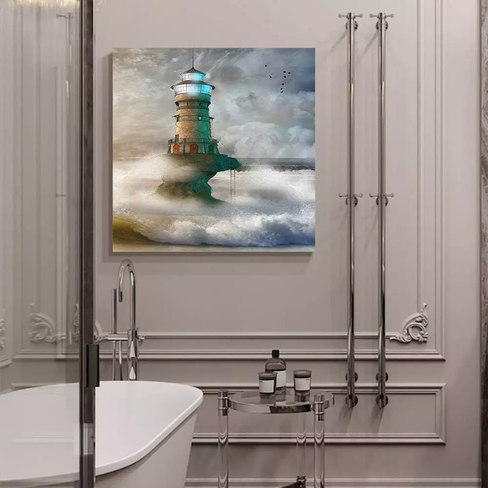 EZON-CH Square Wall Art Canvas Oil Painting, Lighthouse in Roaring Ocean Wave Office Artworks for Bedroom Living Room Bathroom Home Decor, Stretched and Wooden Framed Ready to Hang, 24x24 Inch — Wall Art