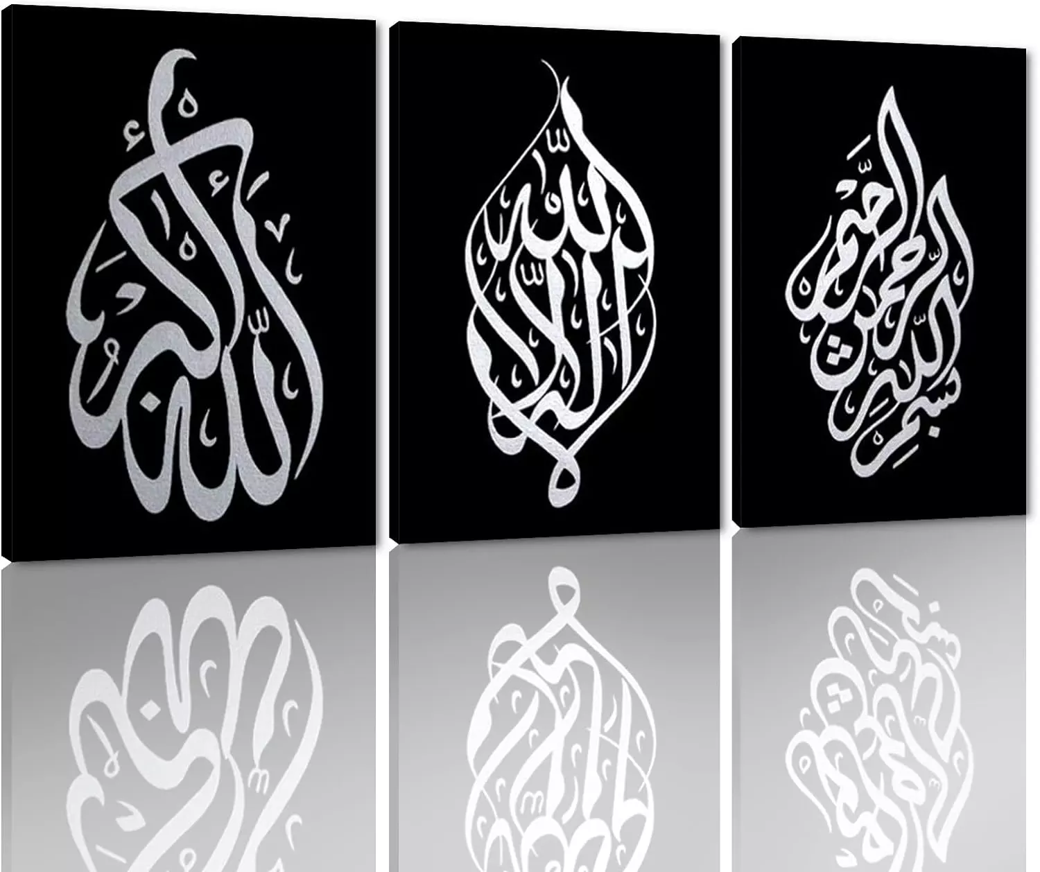 Arabic Calligraphy Islamic Handmade Pictures Wall Art Oil Paintings on Canvas 3 pcs for Living Room Home Decorations Wooden Framed (Black Silver) — Wall Art