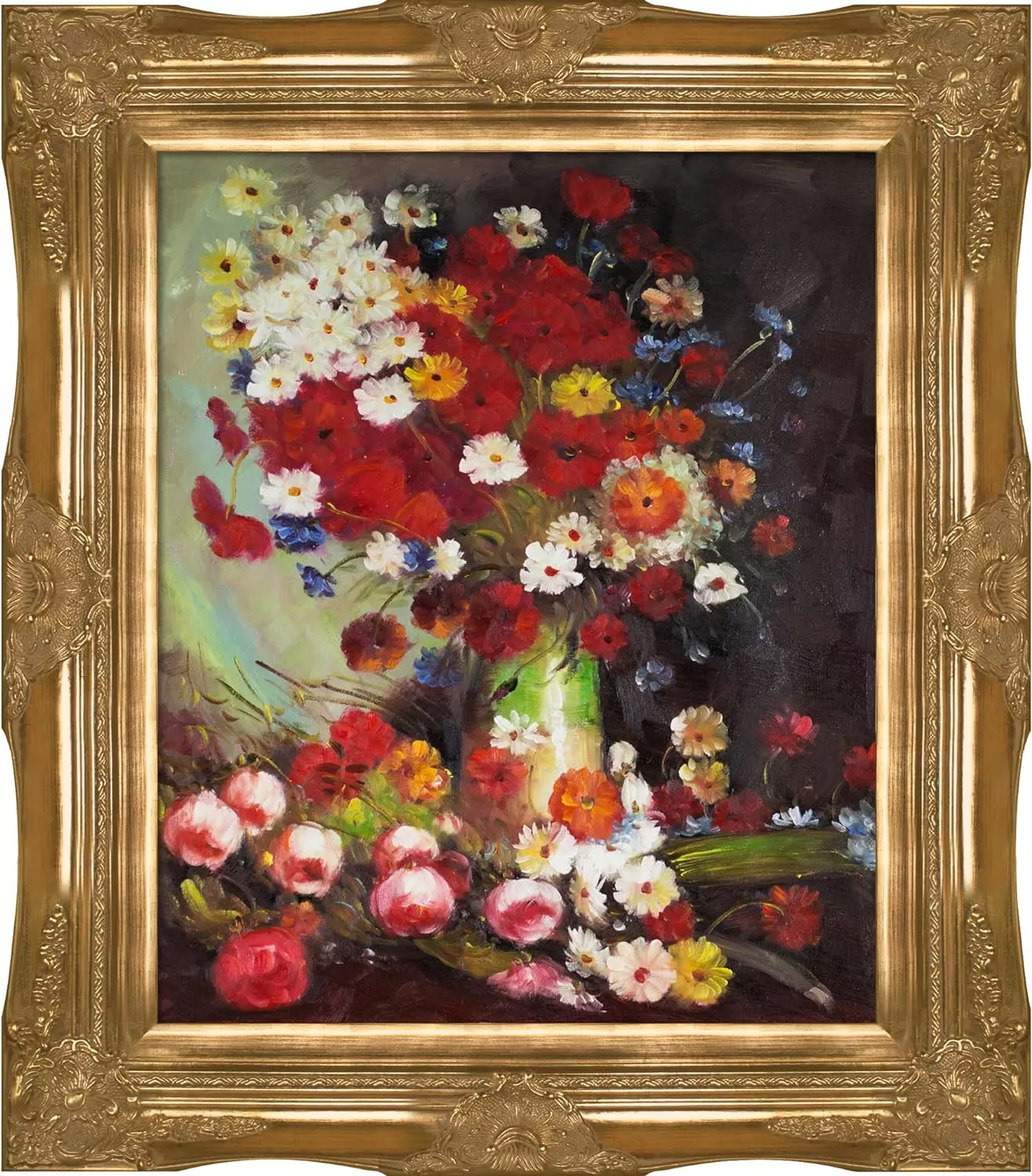 La Pastiche Vase with Poppies Cornflowers Peonies and Chrysanthemums by Vincent Van Gogh with Gold Victorian Frame Oil Painting Wall Art, 32  x 28  — Wall Art