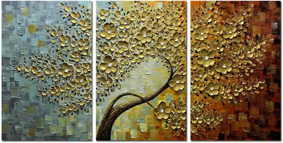 V-inspire Golden Flower Paintings,3D Abstract Paintings Oil Hand Painting On Canvas Wood Inside Framed Ready to Hang Wall Decoration For Living Room Bed Room (24W*36L*3) — Wall Art