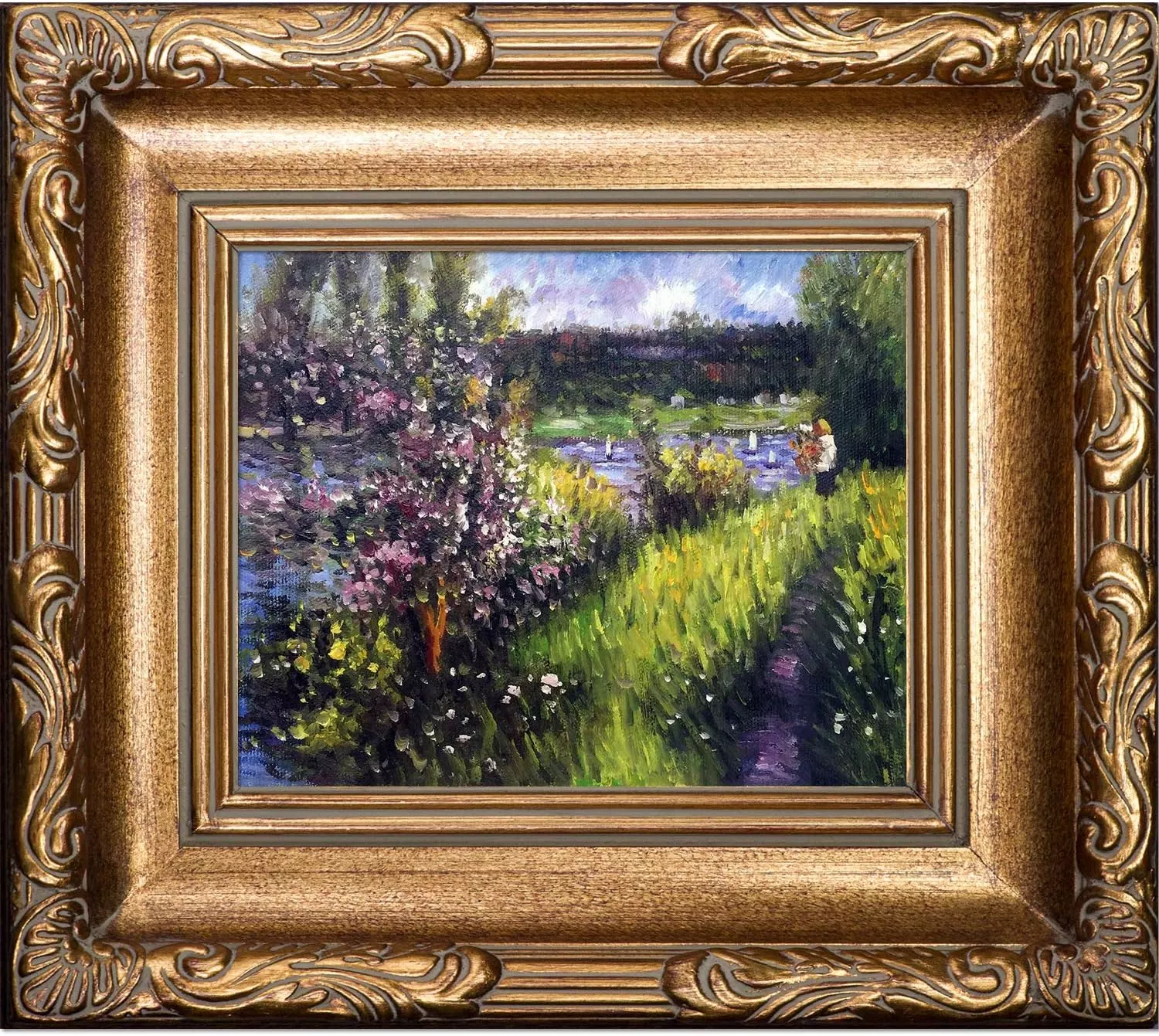 overstockArt The Seine at Chatou with Florentine Gold Framed Oil Painting, 17  x 15 , Multi-Color — Wall Art