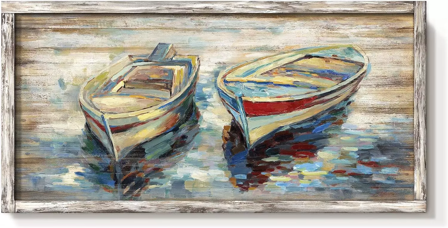 cozy country Nautical Boats Framed Wall Art: Beach Sailing Boat Painted Sea Canoe Picture Hand Oil Painting Abstract Sail Artwork Seaside Rowboat Picture Decor for Living Room Bedroom — Wall Art