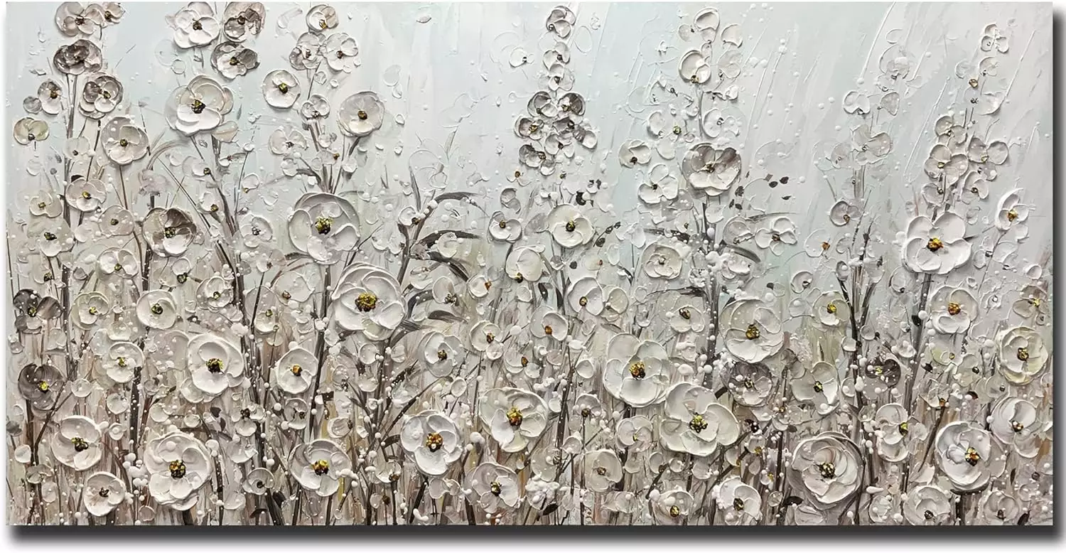 Yotree 24x48 Inch Wall Art Hand-Painted Framed White Flowers Oil Painting On Canvas Gallery Wrapped Modern Floral Artwork for Living Room Bedroom Décor Ready to Hang — Wall Art