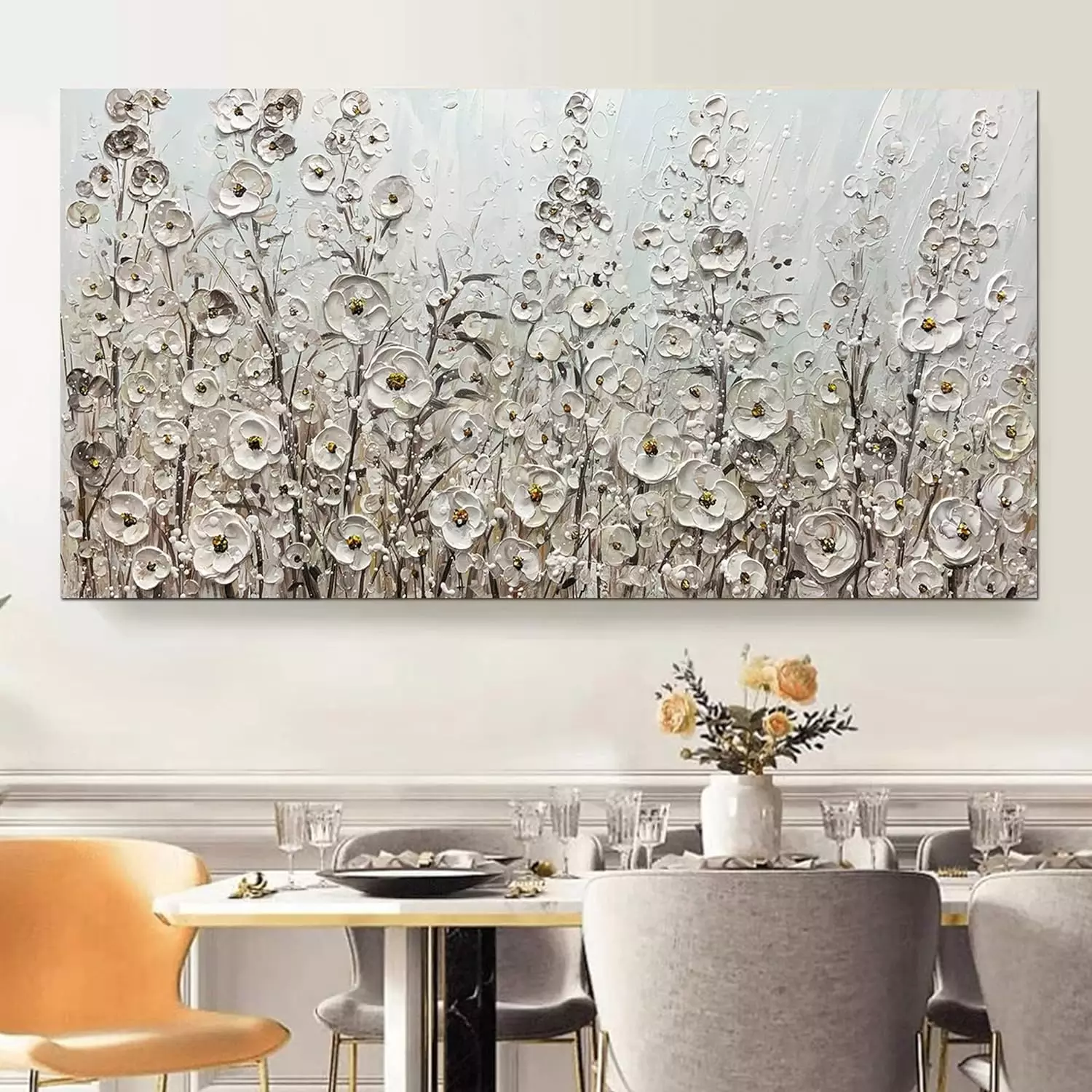 Yotree 24x48 Inch Wall Art Hand-Painted Framed White Flowers Oil Painting On Canvas Gallery Wrapped Modern Floral Artwork for Living Room Bedroom Décor Ready to Hang — Wall Art