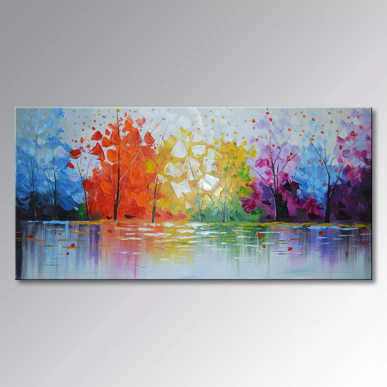 EVERFUN ART Hand Painted Palette Knife Oil Painting Modern Abstract Wall Art Haning Lake Scenery Landscape Canvas Picture Framed Ready to Hang 48  W x 24  H — Wall Art