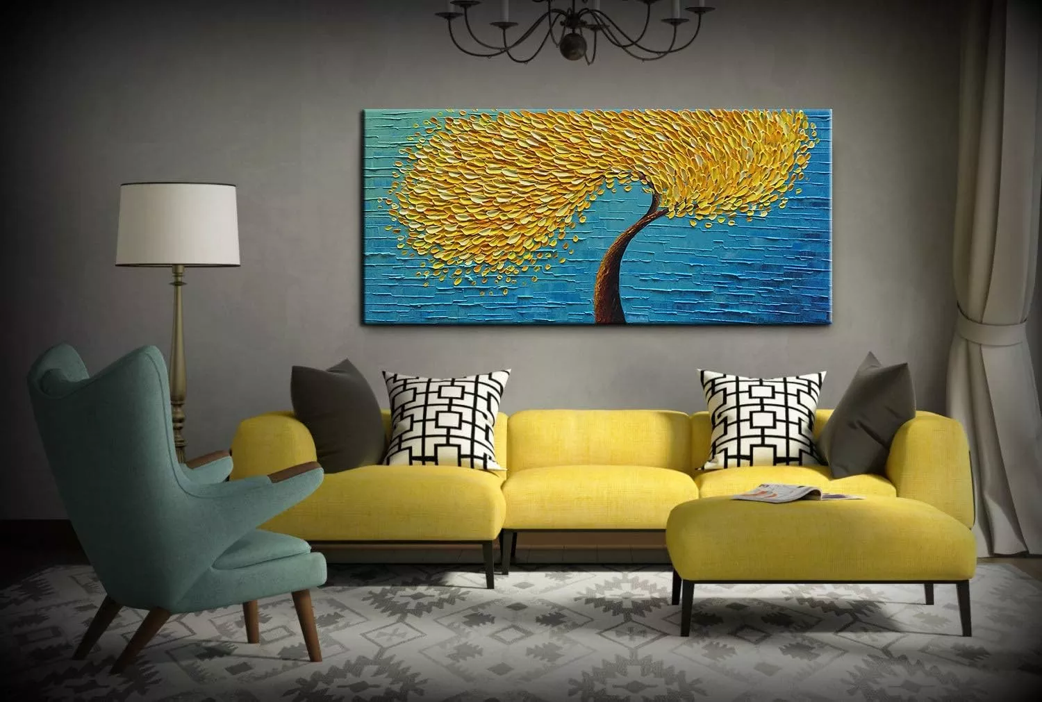 YaSheng Art - Yellow Tree Abstract Painting 3D Oil Painting Hand Painted On Canvas Abstract Artwork picture Wall Art for living room office Decoration (24x48inch) — Wall Art