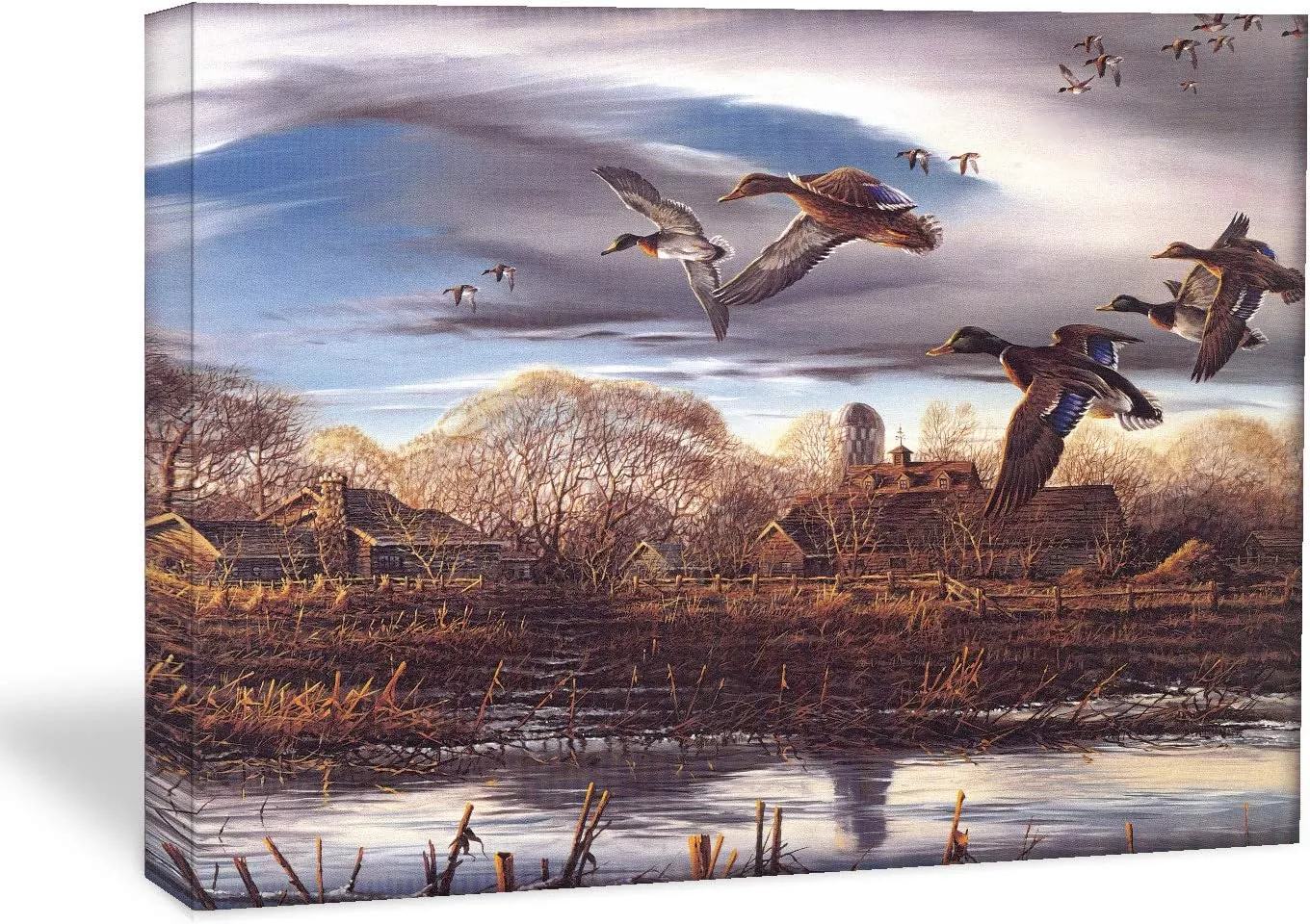 Looife Vintage Rustic Oil Painting Canvas Wall Art, 24x18 Inch Ducks Flying Over Lake Rural Life Scene, Fall Wall Decor for Living Room, Bedroom and Hotel — Wall Art