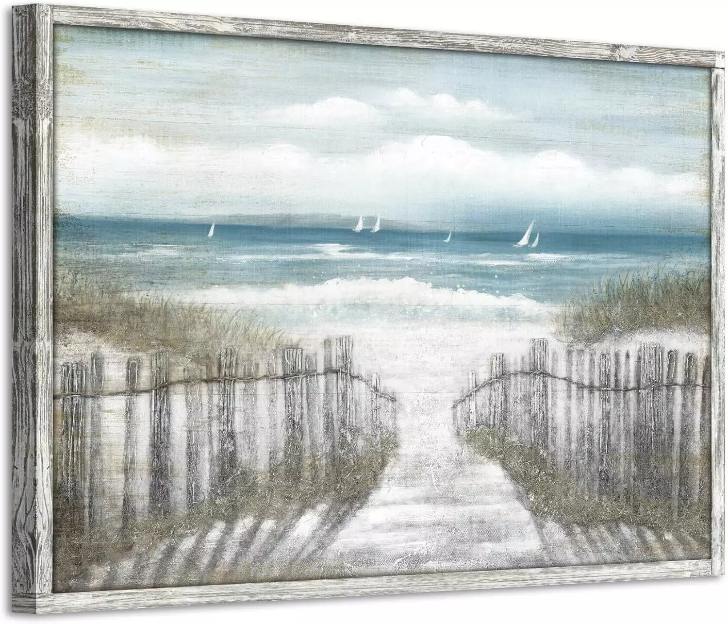 Abstract Beach Wooden Wall Art: Seascape Artwork Seaside Path Hand Painted Oil Painting Framed for Living Room (36 W x 24 H, Multi-Sized) — Wall Art