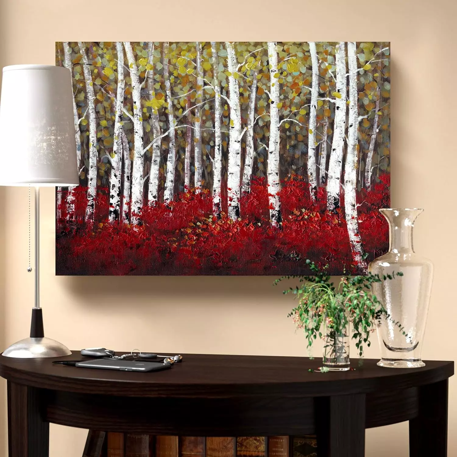 Framed Hand Painted Bedroom Canvas Wall Art, 28  x 40  Framed Tree Oil Painting, Wraps Modern Rustic Art for Living Room Bathroom Dining Bedroom Gallery Coffee Shop Decor, Red Birch — Wall Art