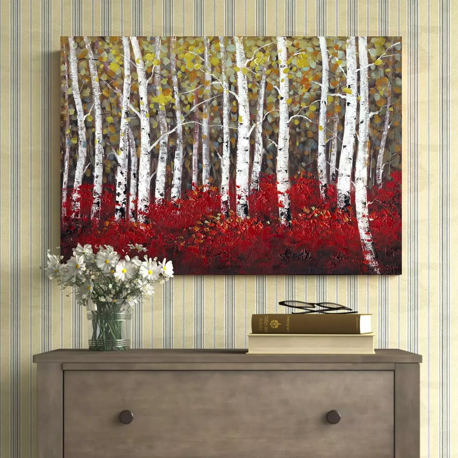 Framed Hand Painted Bedroom Canvas Wall Art, 28  x 40  Framed Tree Oil Painting, Wraps Modern Rustic Art for Living Room Bathroom Dining Bedroom Gallery Coffee Shop Decor, Red Birch — Wall Art