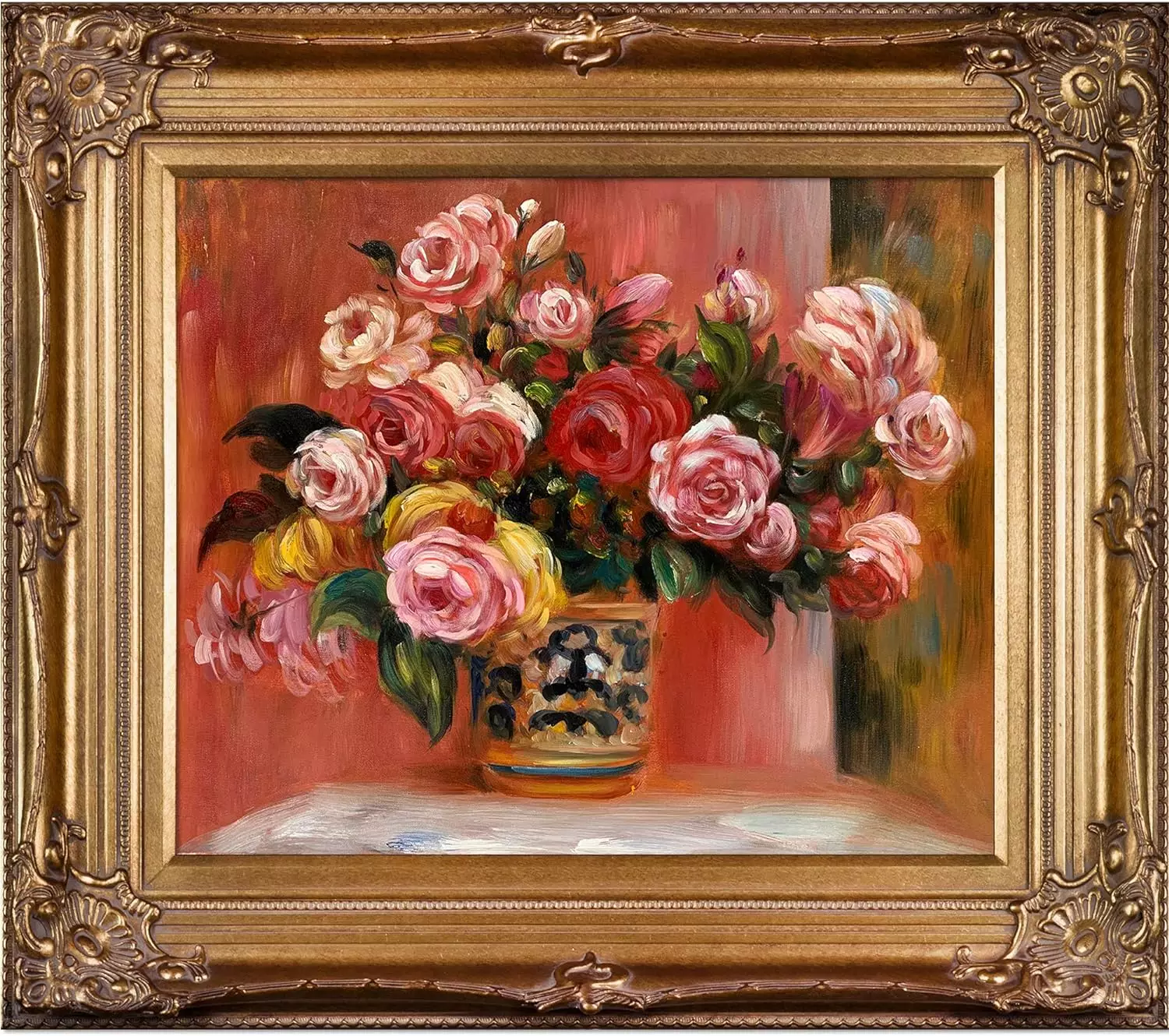 La Pastiche Roses in a Vase, 1914 with Renaissance Bronze Framed Oil Painting, 34 in x 30 — Wall Art