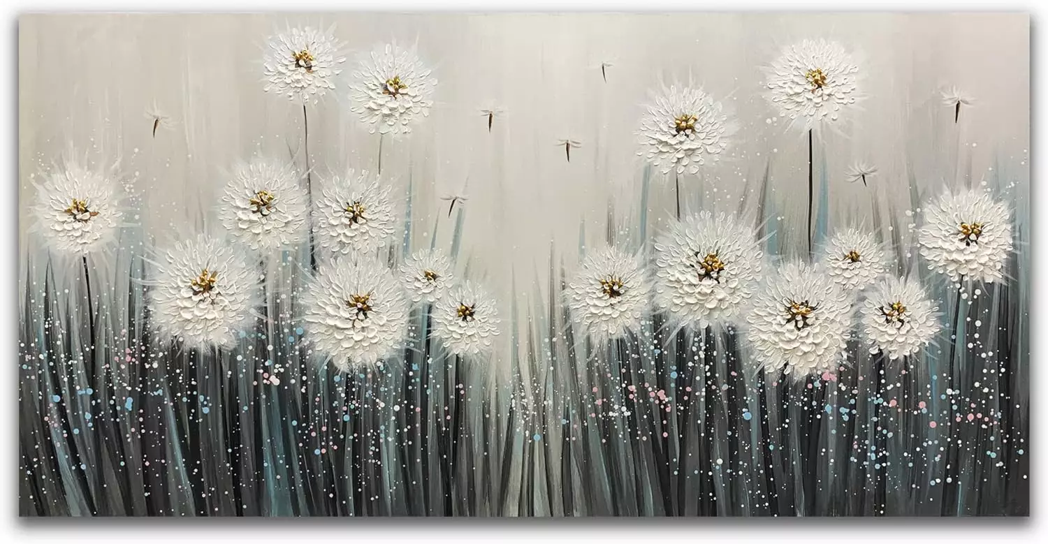 Yika Art 3D Paintings 24X48 Inch Modern Abstract Oil Painting Dandelion Hand Painted On Canvas Abstract Artwork Picture Wall Decoration for living room — Wall Art