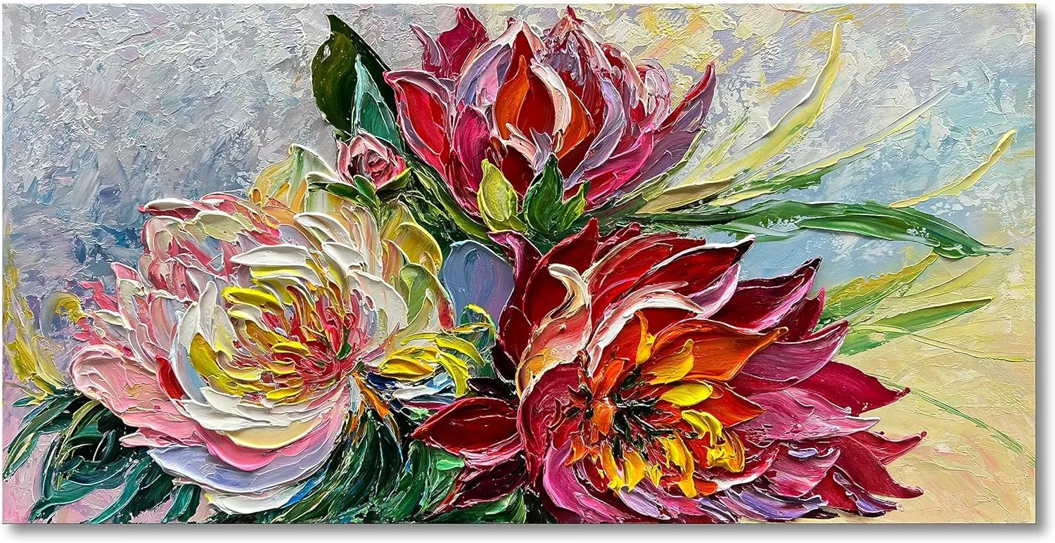 Limiyer Art Hand-painted Red Flower Art Oil Painting 24x48 Inch Texture Abstract art Wall Decoration — Wall Art