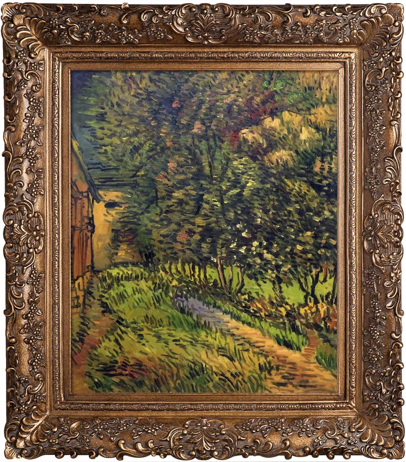 La Pastiche OverstockArt Asylum and Garden by Vincent Van Gogh Hand Painted Oil on Canvas with Burgeon Gold Frame, 33.5  x 29.5 , Multi-Color — Wall Art