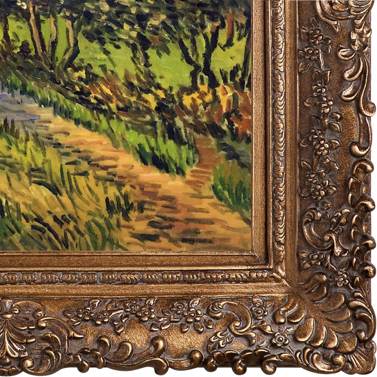 La Pastiche OverstockArt Asylum and Garden by Vincent Van Gogh Hand Painted Oil on Canvas with Burgeon Gold Frame, 33.5  x 29.5 , Multi-Color — Wall Art