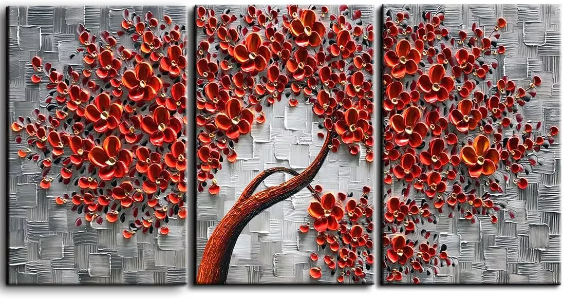 YaSheng Art - 28x20inchx3 Hand Painting Oil Paintings On Canvas 3D Red Flower Trees Paintings Modern Home Wall Decoration Abstract Artwork 3 Panels Landscape Paintings — Wall Art