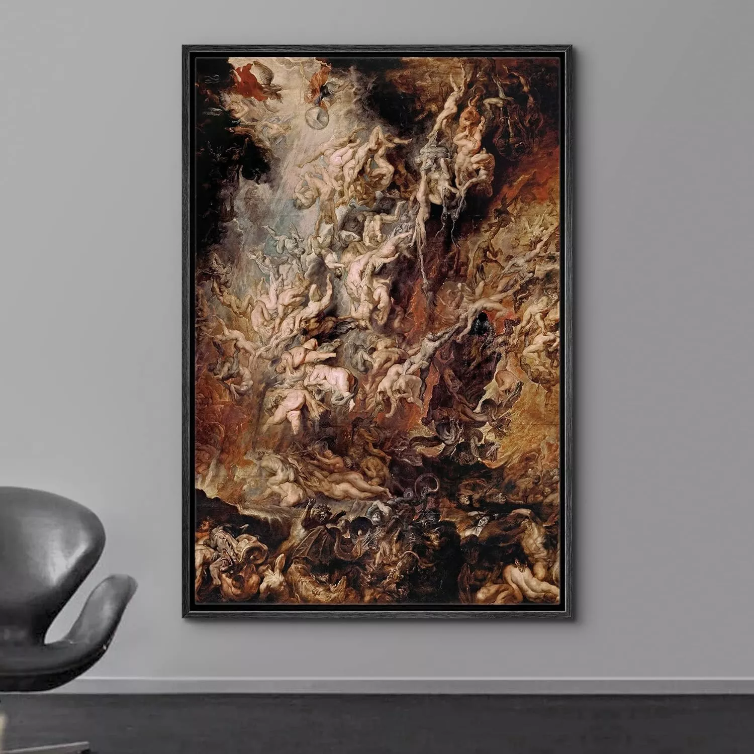 wall26 - Oil Painting of Fall of The Rebel Angels by Peter Paul Rubens - Baroque Style - Hell, Heaven, Catholic, Christianity - Framed Canvas Art Home Art - 16 x24  BLACK — Wall Art