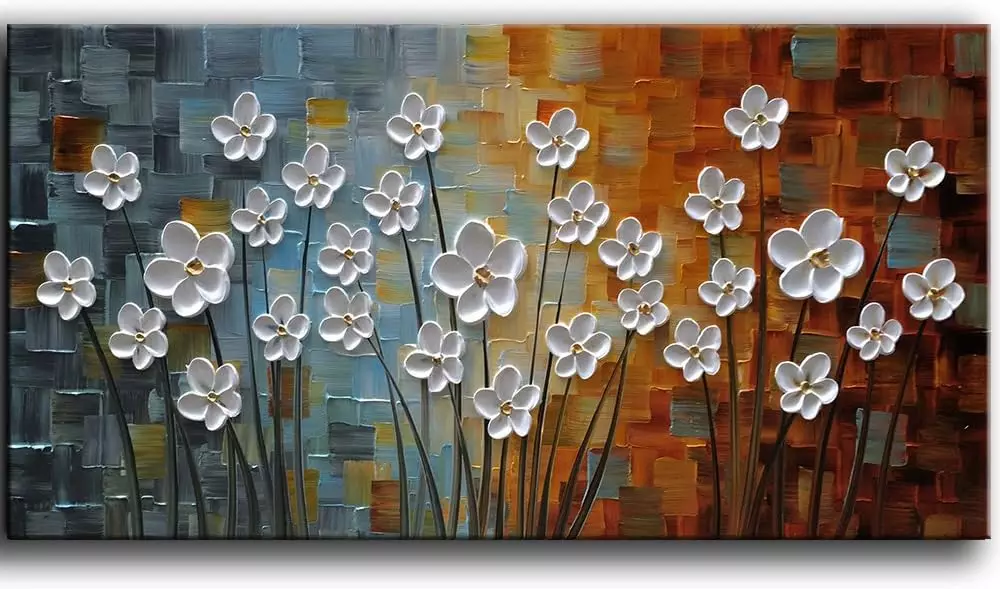 YaSheng Art - 3D Flowers Oil Painting On Canvas Abstract Paintings Modern Home Decor Wall Art For Living Room Bedroom Ready to Hang 100% Hand painted (24x48inch) — Wall Art