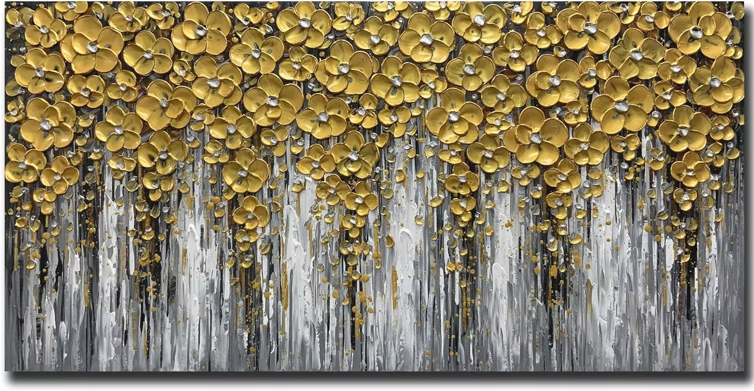 Art8YuQi Paintings - Contemporary Abstract Art Oil Painting On Canvas Texture 3D Golden Flower Gary Painting Handmade Artwork Picture Canvas Wall Art Modern Home Decor living room Ready to Hang — Wall Art