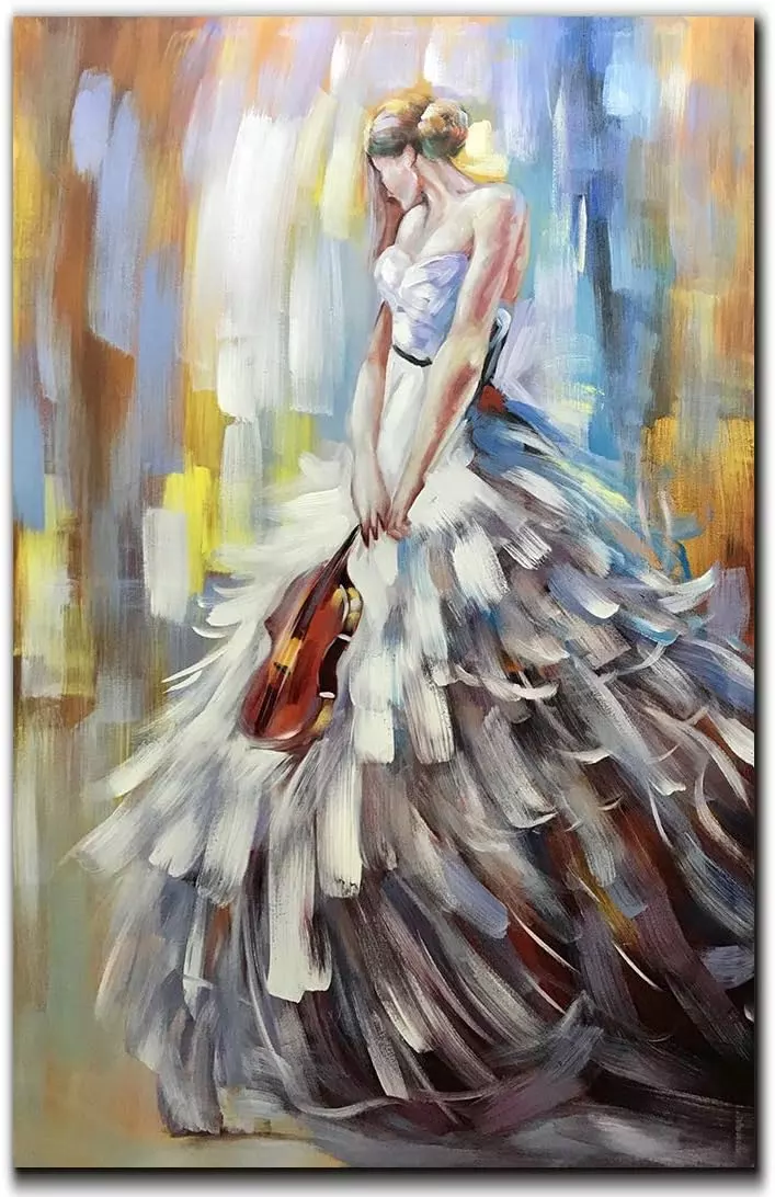 V-inspire Art  32x48 Inch Vintage Abstract Artwork Elegant Violin Girl 100% Hand-Painted Oil Paintings on Acrylic Canvas Wall Art Home Wall Décor Stretched Frame Ready to Hang — Wall Art